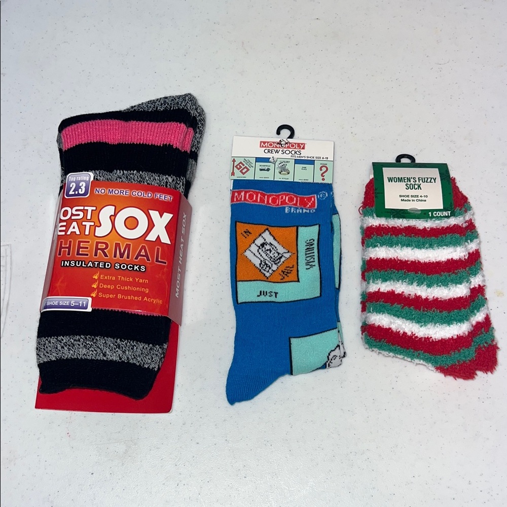 Thermal Insulated Socks, Monopoly Socks, and Fuzzy Socks